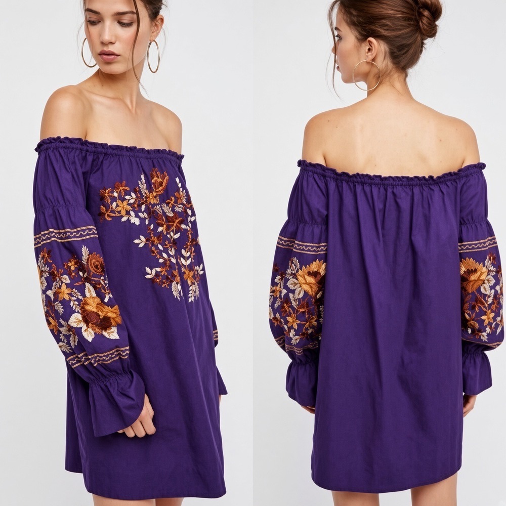 Free People Fleur Du Jour Purple Embroidered Off-The-Shoulder Mini Dress Small